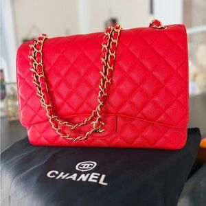 CC Classic Flap Bag Quilted Lambskin Maxi Jumbo XL Red chain strap